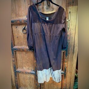 Prana Dark Brown 100% Cotton Dress with velvet trim. 3/4 sleeve